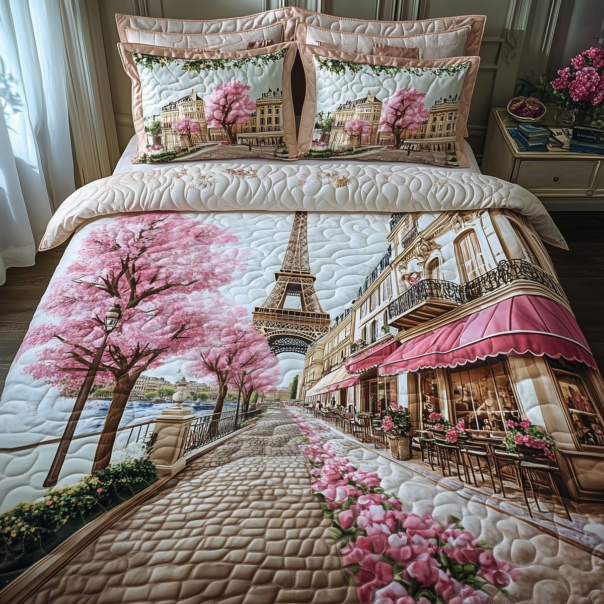 Paris in Bloom 3 Piece Quilted Bedding Set Gift For Home Decor Lovers