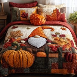 Autumn Gnome 3 Piece Quilted Bedding Set Gift For Holiday Decor Lovers