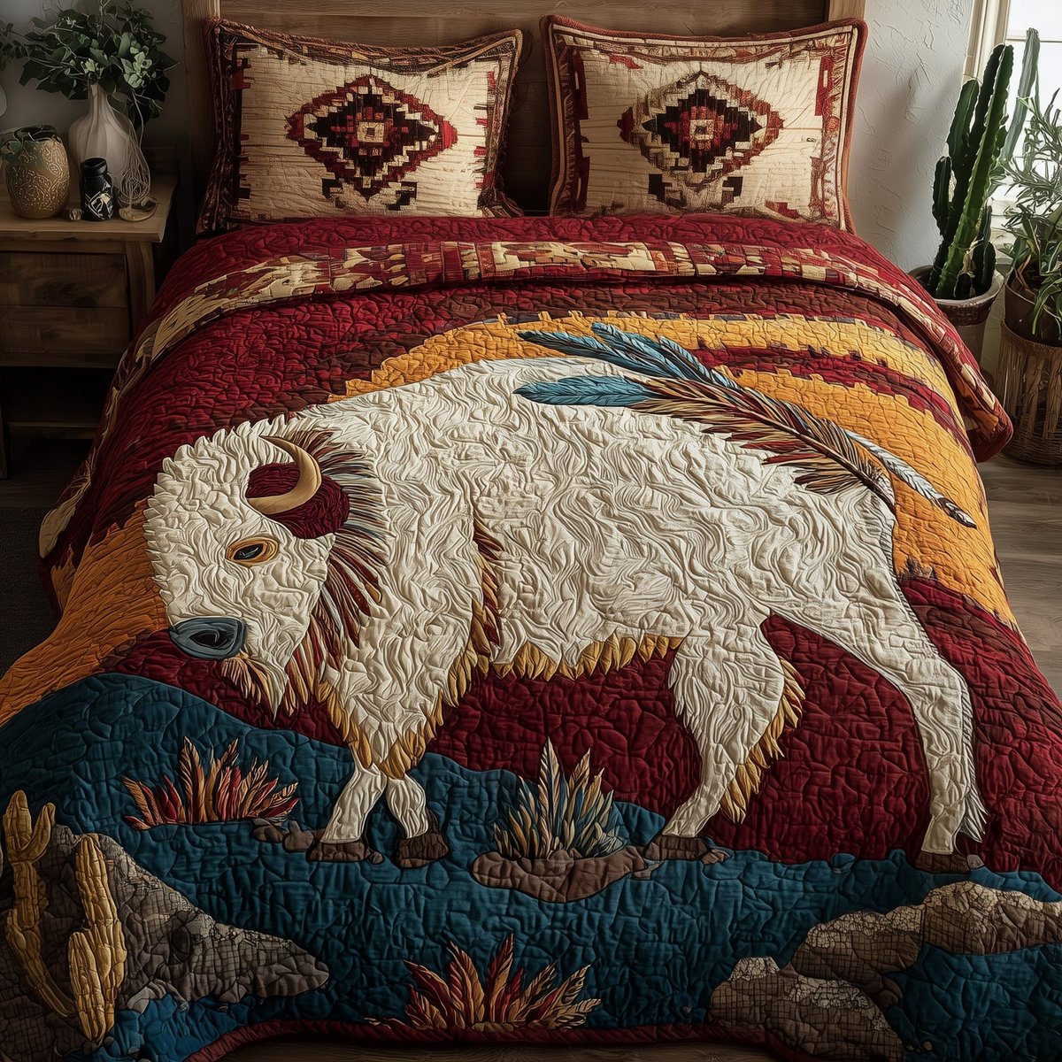 Majestic Bison 3 Piece Quilted Bedding Set Gift For Home Decor Lovers