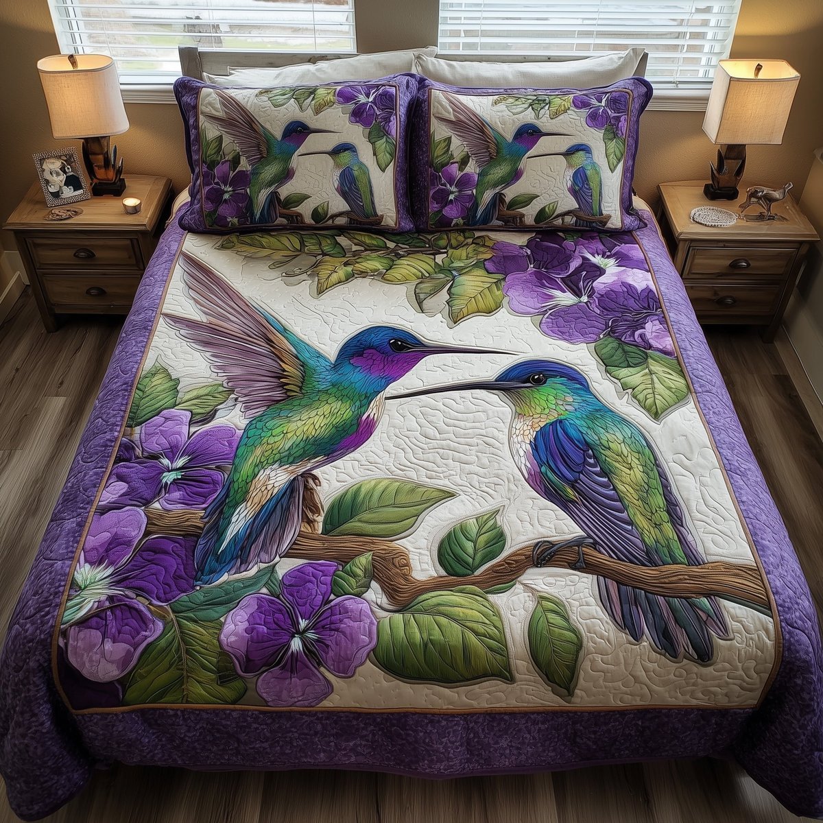 Amethyst Hummingbird Love 3 Piece Quilted Bedding Set Gift For Bird Lovers