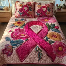 Breast Cancer Ribbon 3 Piece Quilted Bedding Set Gift For Home Decor Lovers