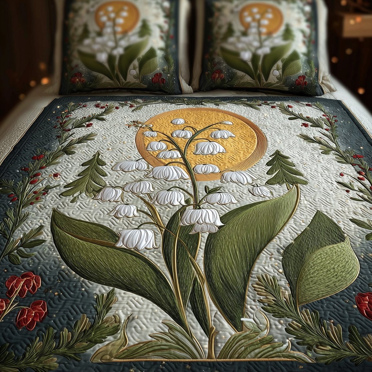 Lily of the Valley 3 Piece Quilted Bedding Set Gift For Home Decor Lovers