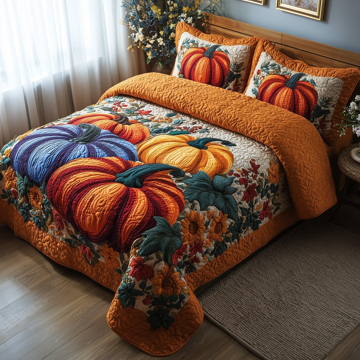 Autumn Pumpkin 3 Piece Quilted Bedding Set Gift For Home Decor Lovers