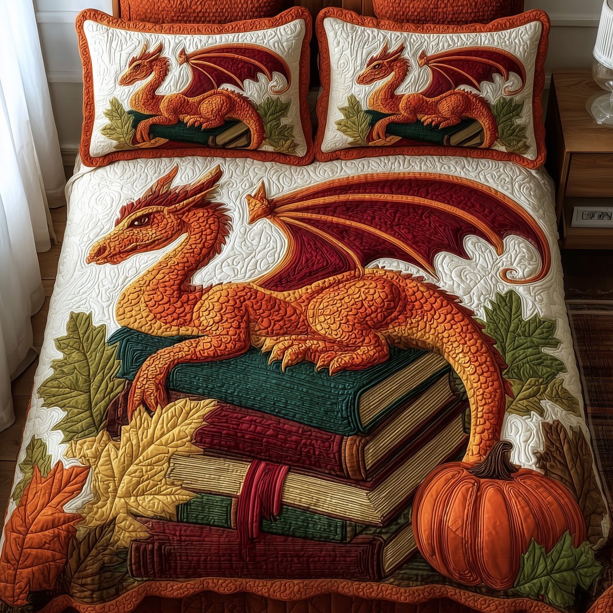 Autumn Library 3 Piece Quilted Bedding Set Gift For Book Lovers