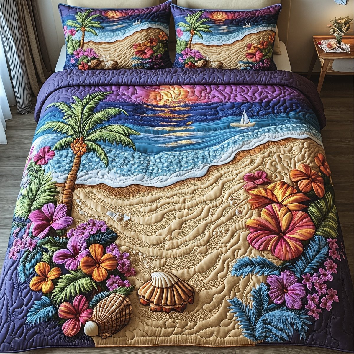 Tropical Beach 3 Piece Quilted Bedding Set Gift For Beach Lovers