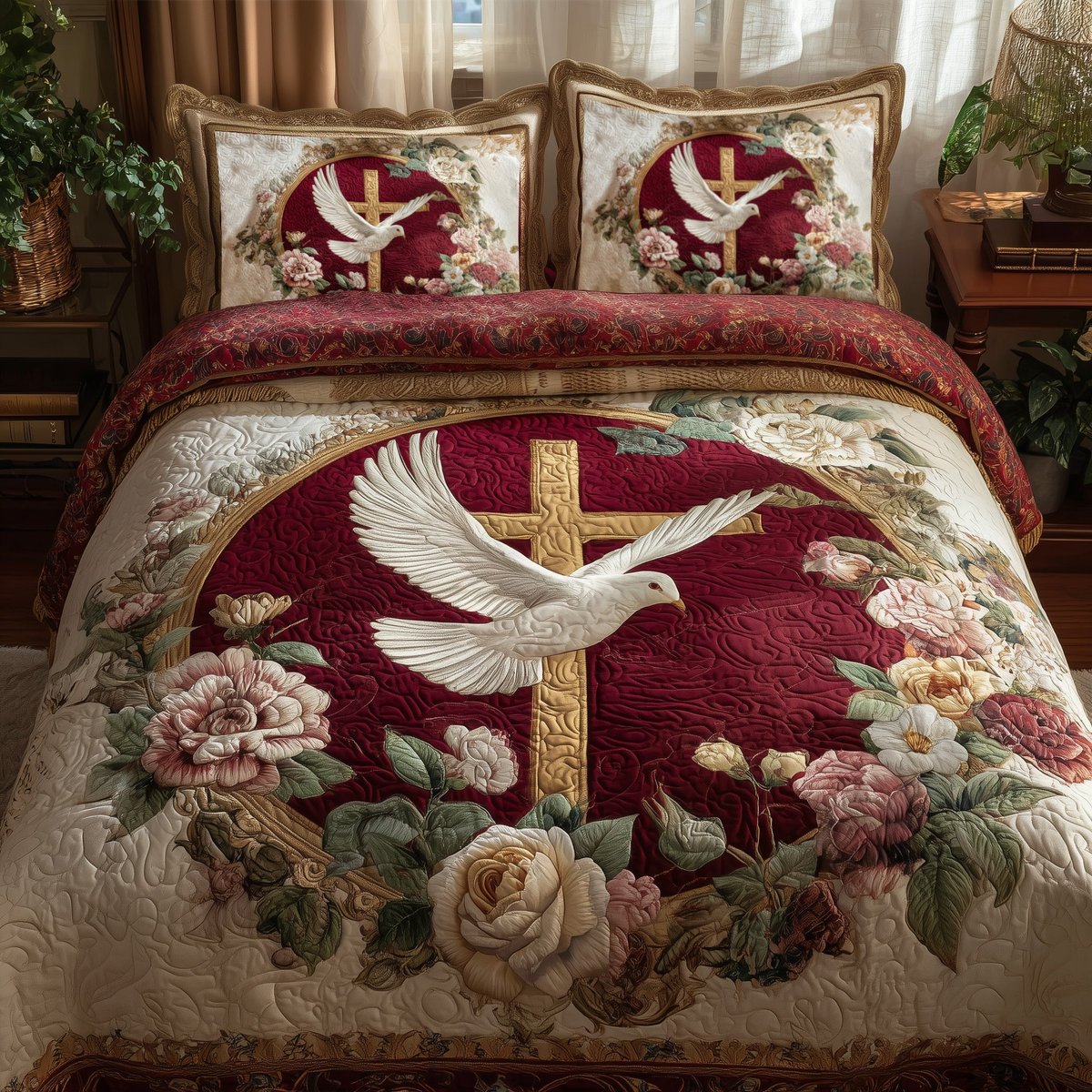 Peaceful Cross 3 Piece Quilted Bedding Set Gift For Christians
