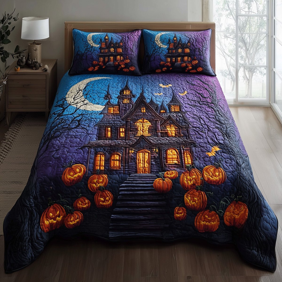 Haunted Manor 3 Piece Quilted Bedding Set Halloween Gift For Gothic Decor Lovers