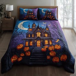 Haunted Manor 3 Piece Quilted Bedding Set Halloween Gift For Gothic Decor Lovers