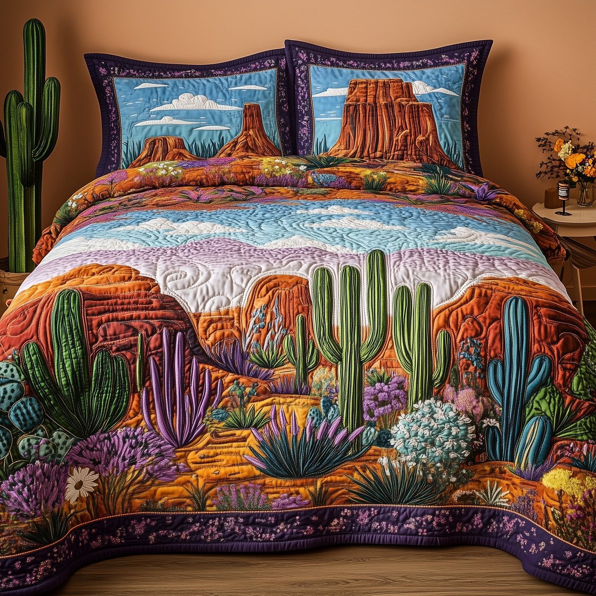 Canyon Bloom Symphony 3 Piece Quilted Bedding Set Gift For Home Decor Lovers