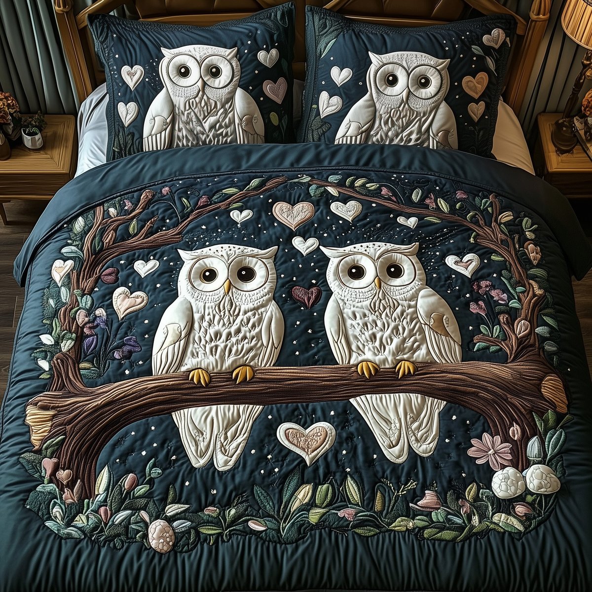 Owls 3 Piece Quilted Bedding Set Gift For Bird Lovers