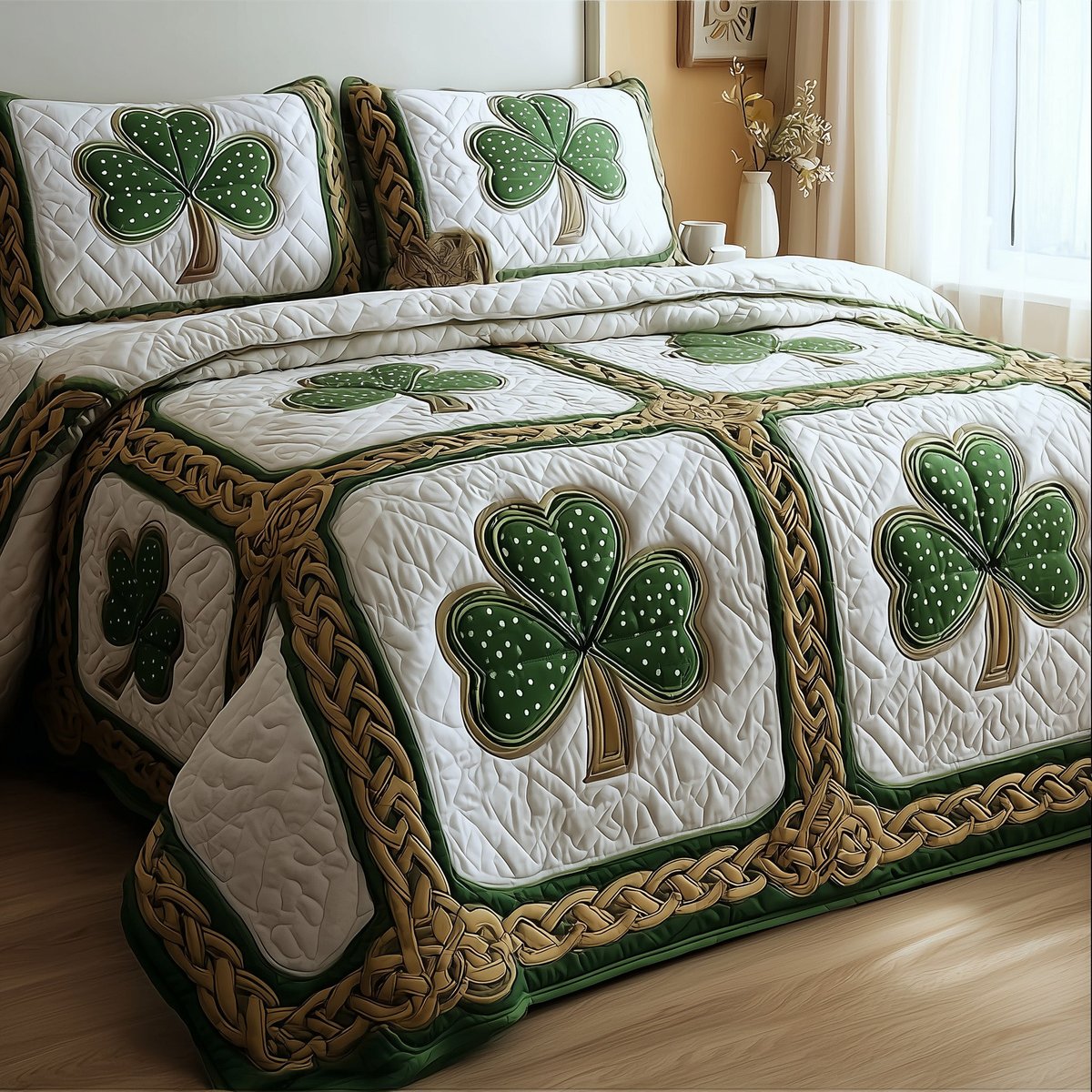 Irish Shamrock 3 Piece Quilted Bedding Set Gift For Home Decor Lovers