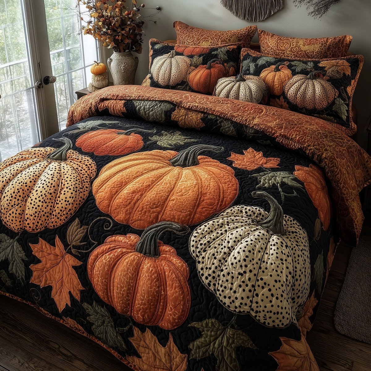 Pumpkin Delight 3 Piece Quilted Bedding Set Gift For Home Decor Lovers
