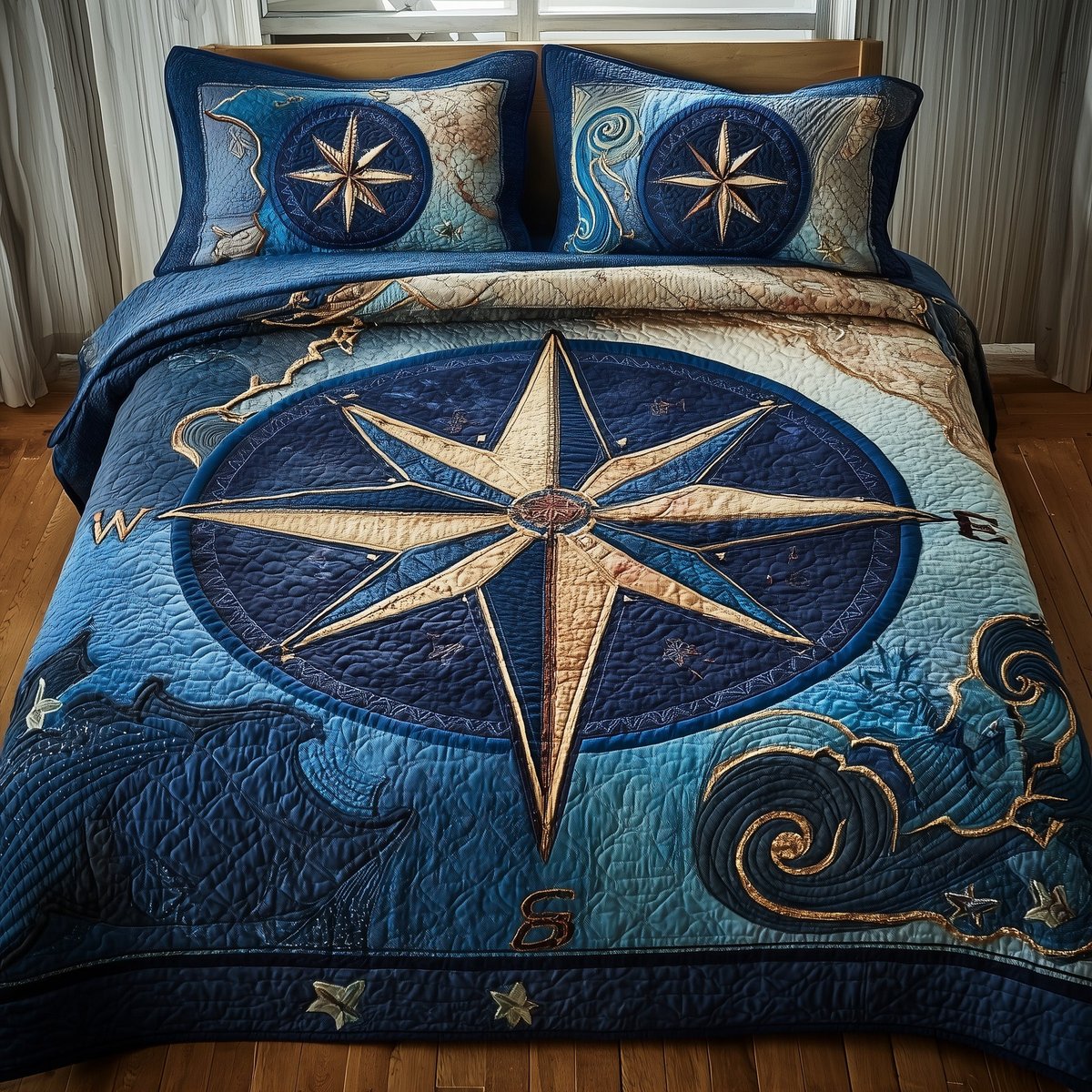 Nautical 3 Piece Quilted Bedding Set Gift For Beach Lovers