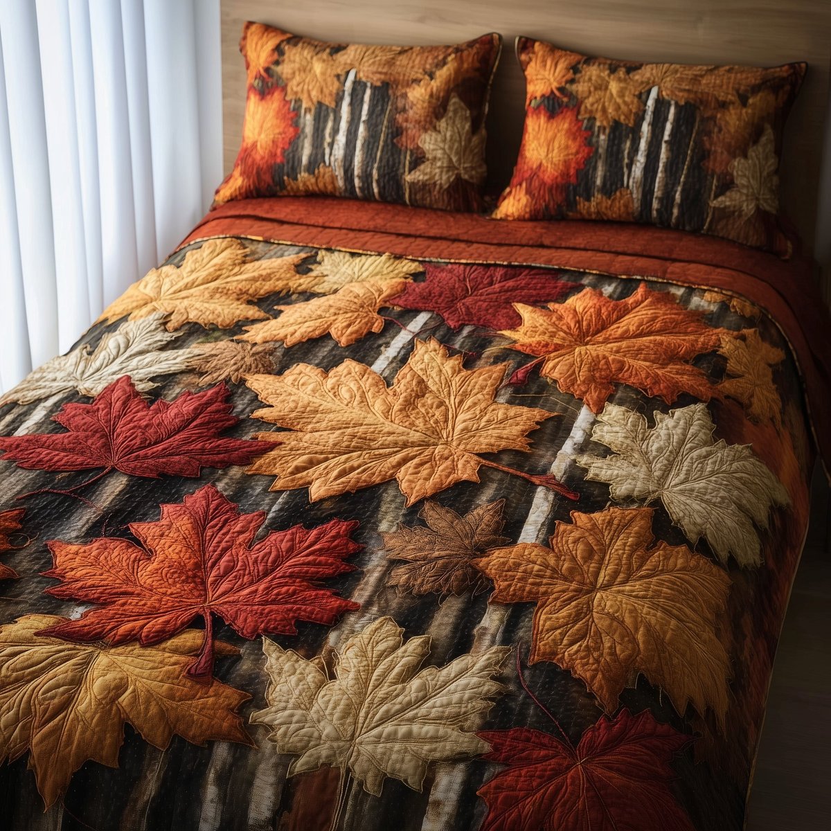Fall Leaves 3 Piece Quilted Bedding Set Gift For Home Decor Lovers