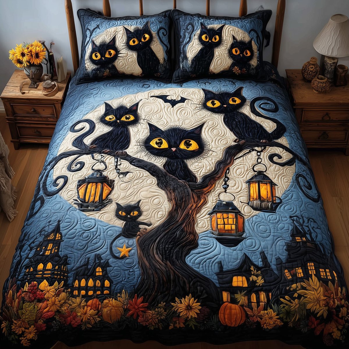 Midnight Cat 3 Piece Quilted Bedding Set Gift For Cat Lovers
