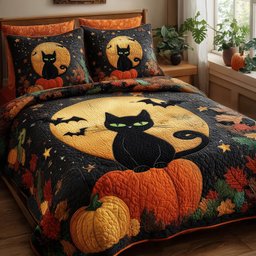 Spooky Black Cat 3 Piece Quilted Bedding Set Halloween Gift For Cat Lovers
