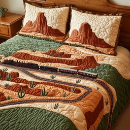 Western Train Trail 3 Piece Quilted Bedding Set Gift For Western Lovers