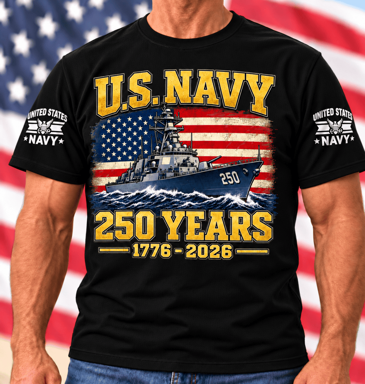 US Navy 250 Years Battleship American Flag T Shirt Hoodie Baseball Cap Gift For Men T-shirt Black