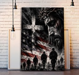 Jesus Christ American Flag Soldiers Canvas Wall Art, Christian Veteran Gift Canvas