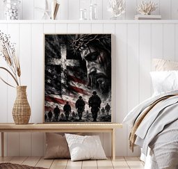Jesus Christ American Flag Soldiers Canvas Wall Art, Christian Veteran Gift Canvas