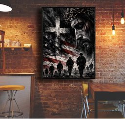 Jesus Christ American Flag Soldiers Canvas Wall Art, Christian Veteran Gift Canvas