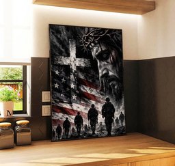 Jesus Christ American Flag Soldiers Canvas Wall Art, Christian Veteran Gift Canvas