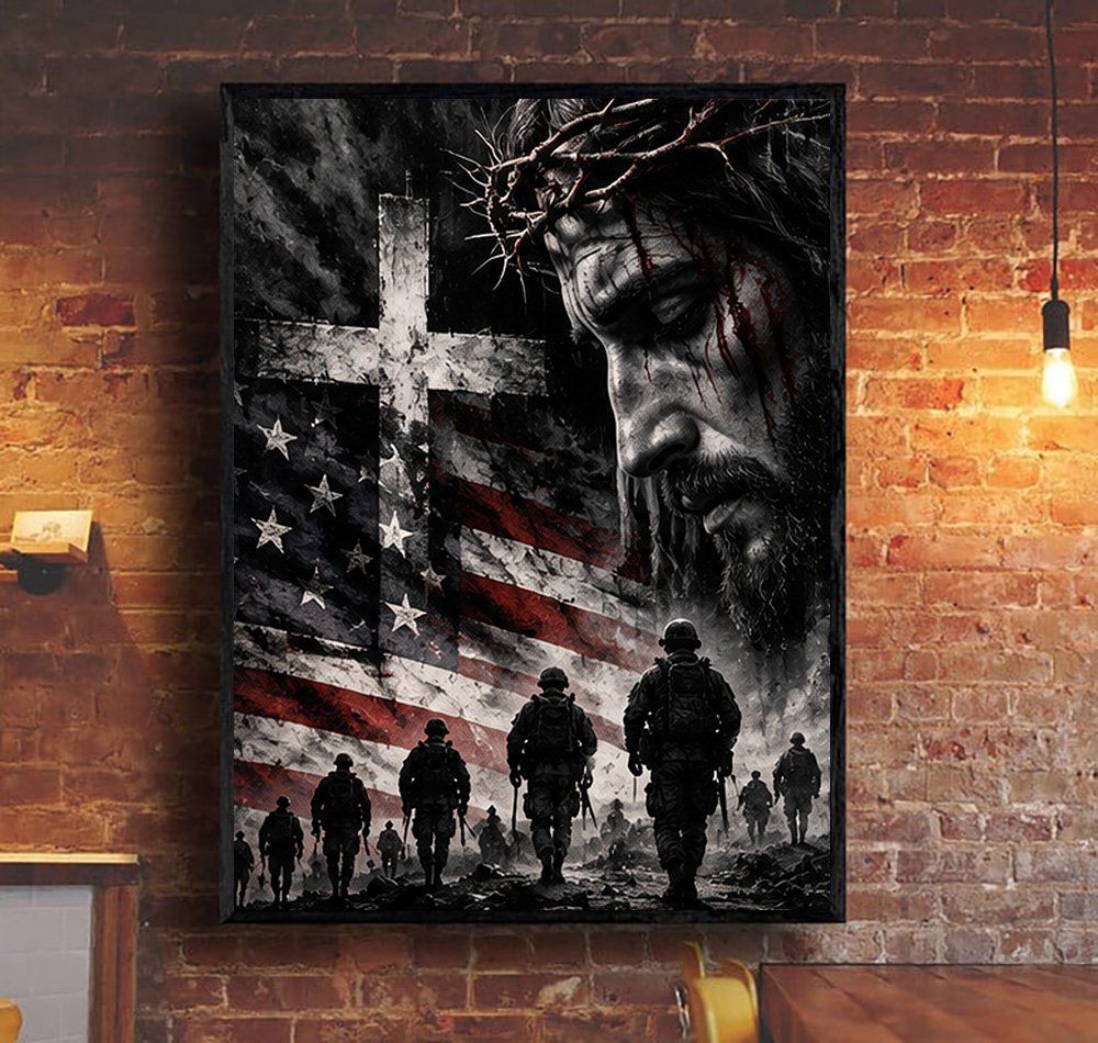 Jesus Christ American Flag Soldiers Canvas Wall Art, Christian Veteran Gift Canvas