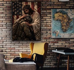 Jesus Embracing Soldier Canvas Wall Art Decor, Military Veteran Gift Canvas