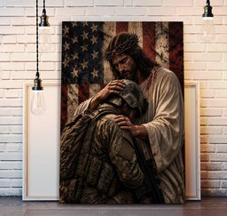 Jesus Embracing Soldier Canvas Wall Art Decor, Military Veteran Gift Canvas