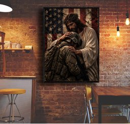 Jesus Embracing Soldier Canvas Wall Art Decor, Military Veteran Gift Canvas