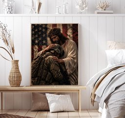 Jesus Embracing Soldier Canvas Wall Art Decor, Military Veteran Gift Canvas