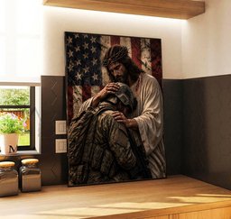 Jesus Embracing Soldier Canvas Wall Art Decor, Military Veteran Gift Canvas