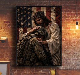 Jesus Embracing Soldier Canvas Wall Art Decor, Military Veteran Gift Canvas