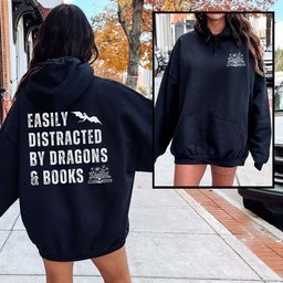 Easily Distracted By Dragons And Books Hoodie Gift For Cat Lover