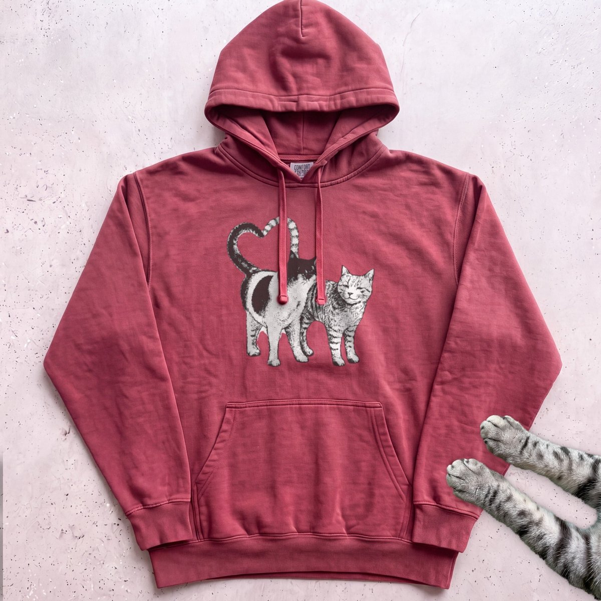 Cat Couple Graphic Hoodie Adorable Heart Tail Cat Illustration Hoodie Gift For Cat Lover