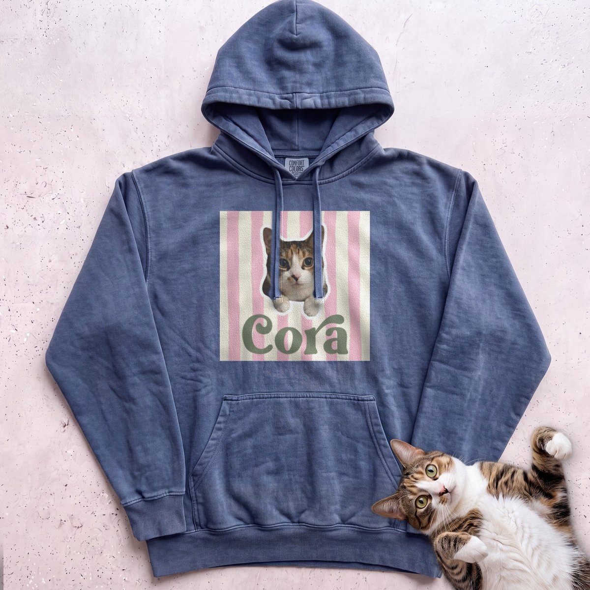 Personalized Cat Hoodie Cute Cat Portrait On Pink Stripe Hoodie Gift For Cat Lover