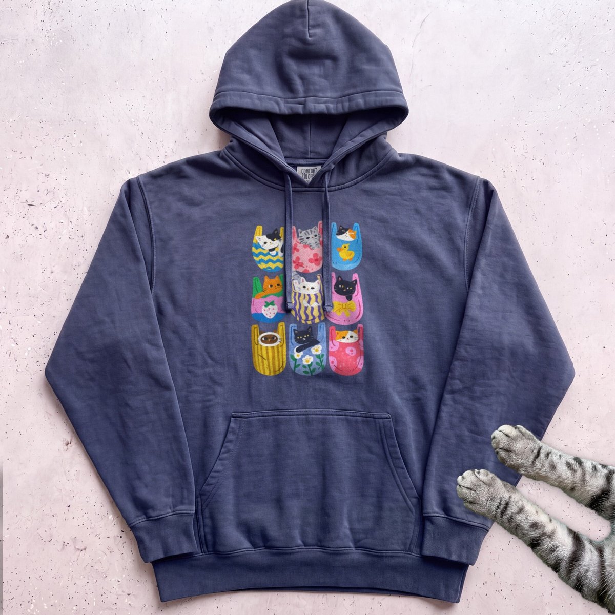 Cats In Pockets Graphic Hoodie Cute Colorful Print Gift For Cat Lover