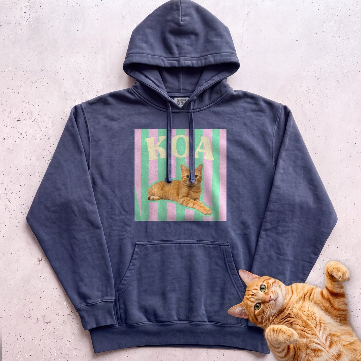Personalized Cat Graphic Hoodie Retro Pink And Green Stripes Gift For Cat Lover