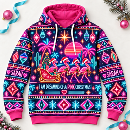 Personalized Neon Pink Christmas Flamingo Sweater & Hoodie