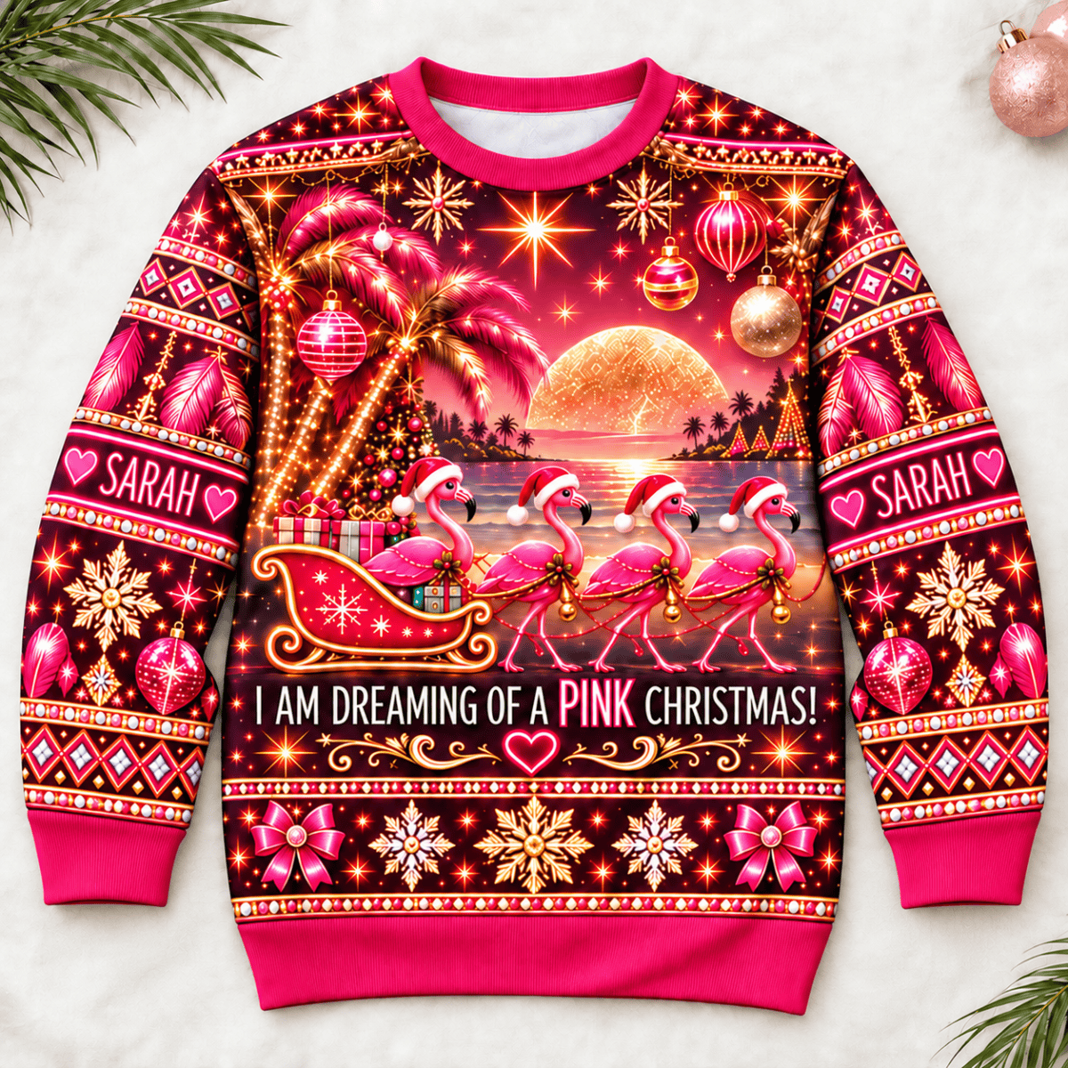 Personalized Pink Christmas Flamingo Sweater & Hoodie