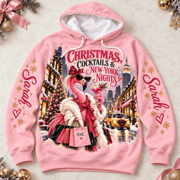 Personalized Christmas Cocktails And New York Nights Flamingo Hoodie Gift For Flamingo Lover