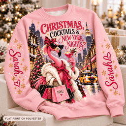 Personalized Christmas Cocktails And New York Nights Flamingo Hoodie Gift For Flamingo Lover