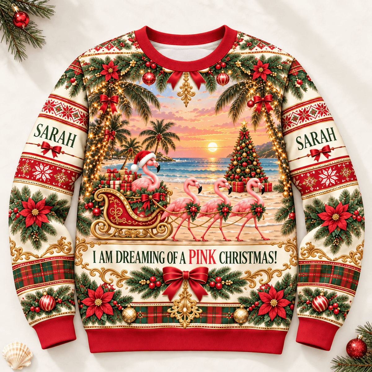 Personalized Pink Christmas Flamingo Sweater & Hoodie