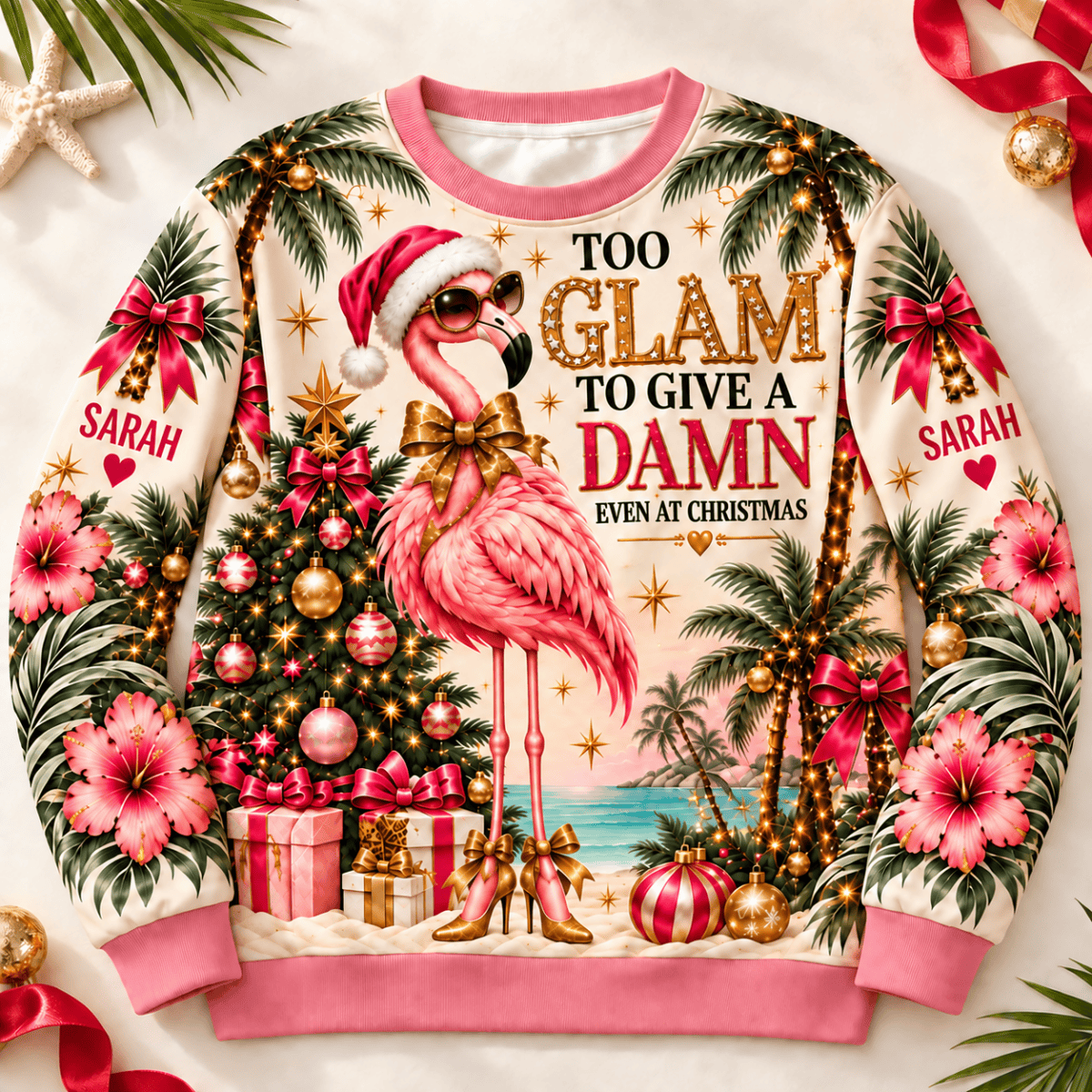 Personalized Too Glam To Give A Damn Flamingo Christmas Sweater & Hoodie