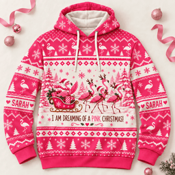 Personalized Dreaming of a Pink Christmas Flamingo Sweater & Hoodie