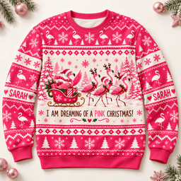 Personalized Dreaming of a Pink Christmas Flamingo Sweater & Hoodie
