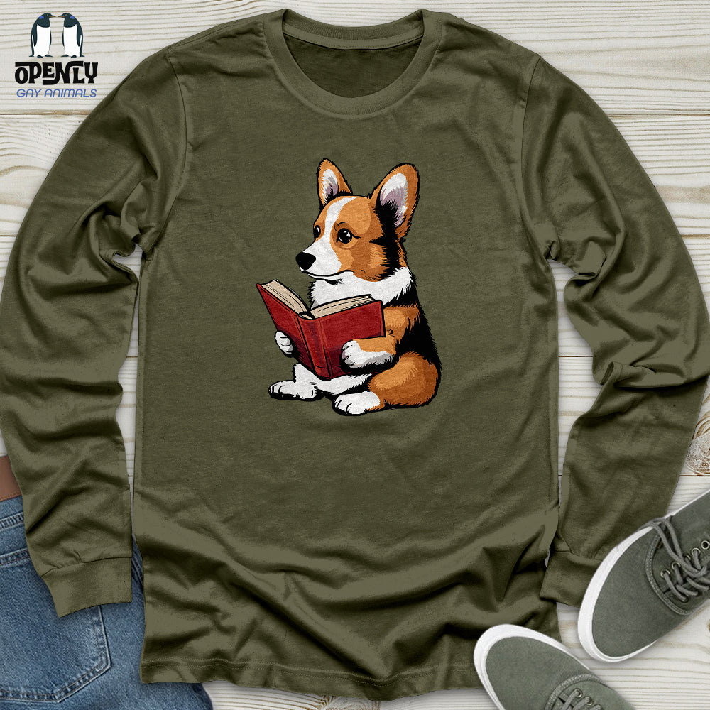 Corgi Reading Book Unisex Long Sleeve Tee Gift For Dog Lover