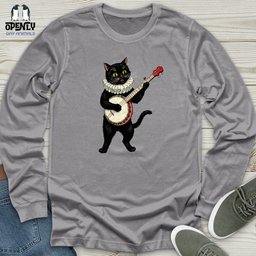 Cat Playing A Banjo Unisex Long Sleeve Tee Gift For Cat Lover