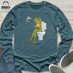 Frog Sitting On A White Toilet Unisex Long Sleeve Tee Gift For Frog Lover