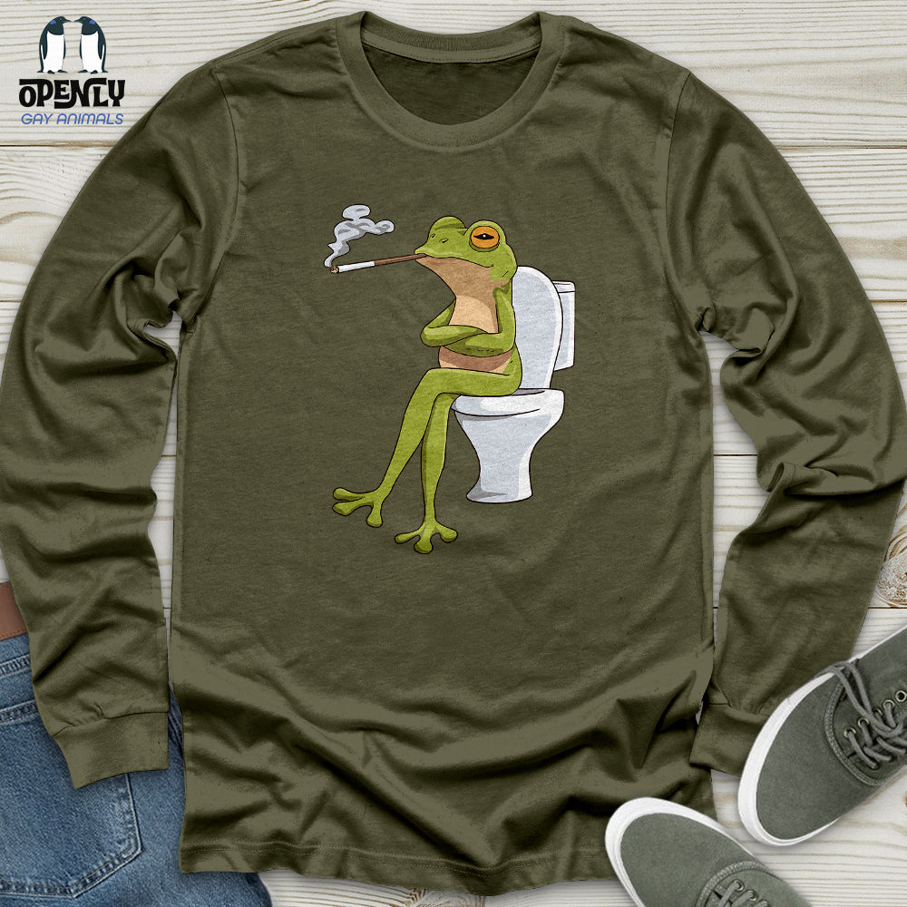 Frog Sitting On A White Toilet Unisex Long Sleeve Tee Gift For Frog Lover